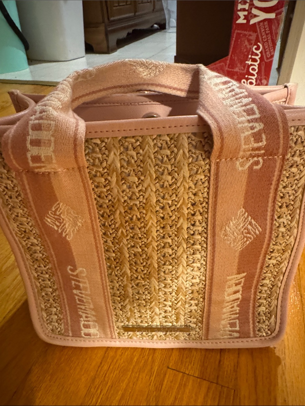 Steve Madden Pink Straw Mini with Logo Web Handles